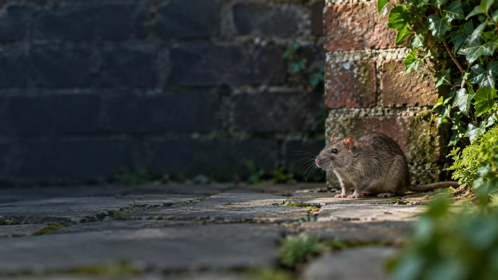 Brown rat beside a garden wall